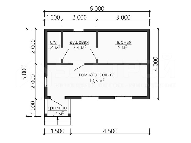 Планировка одноэтажной каркасной бани 6на4
