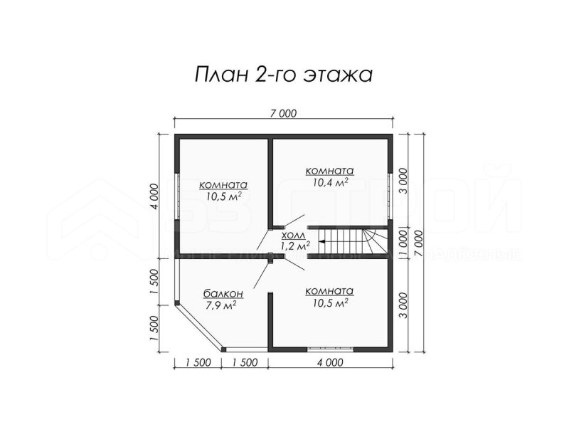 План второго этажа каркасного дома 7на7 с четырьмя спальнями