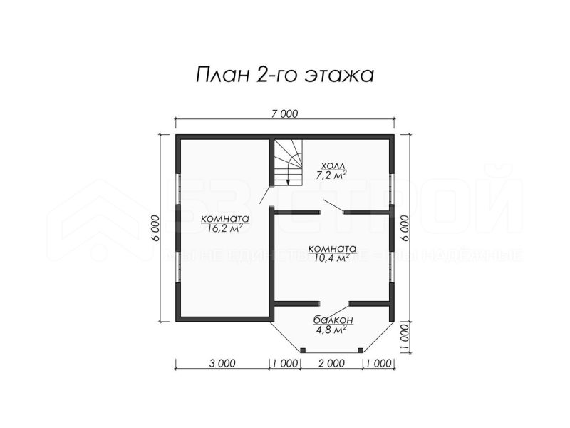 План второго этажа дома из бруса 7х7 с четырьмя спальнями