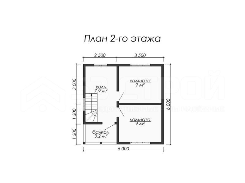 План второго этажа каркасного дома 6 на 6 с тремя спальнями