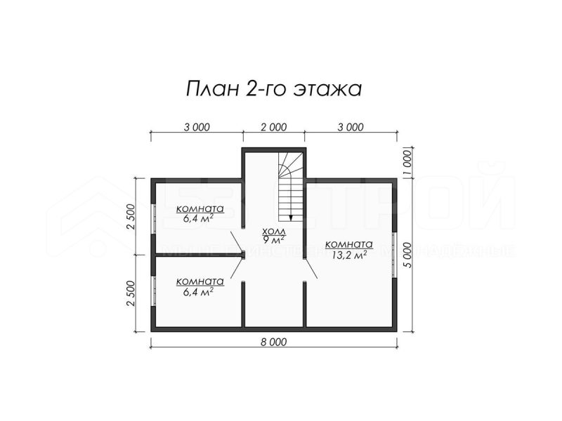 План второго этажа каркасного дома 7х8 с пятью спальнями