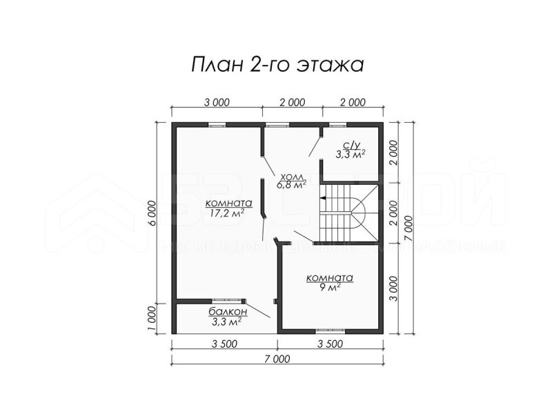 План второго этажа каркасного дома 7 на 7 с тремя спальнями