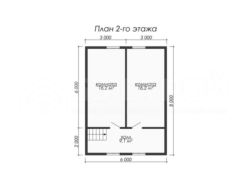 План второго этажа каркасного дома 8на8 с тремя спальнями
