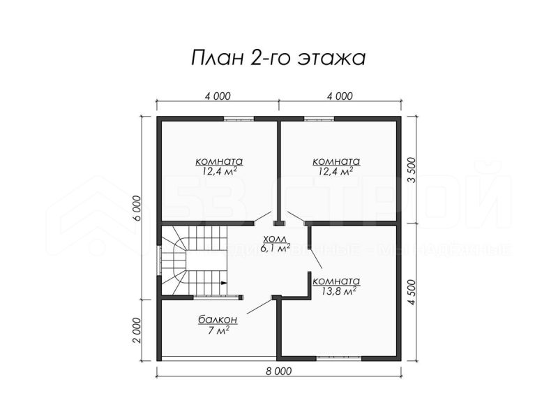 План второго этажа каркасного дома 8 на 8 с четырьмя спальнями