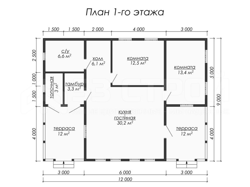 Планировка одноэтажного каркасного дома 9на12