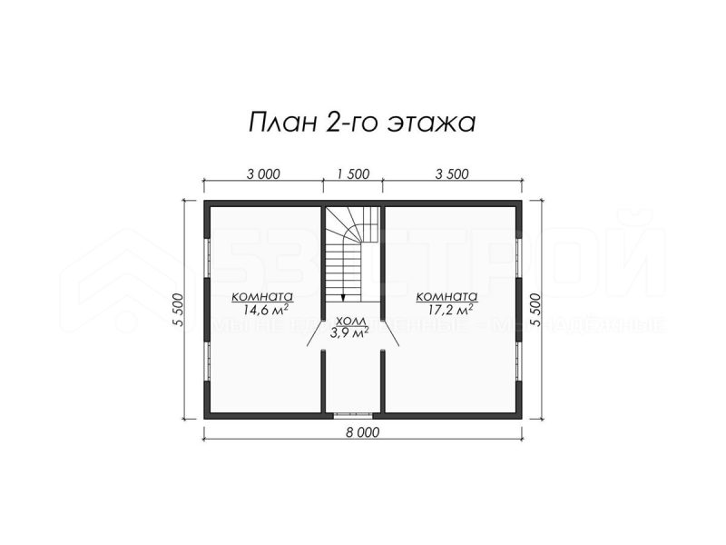 План второго этажа дома из бруса 8х8 с четырьмя спальнями