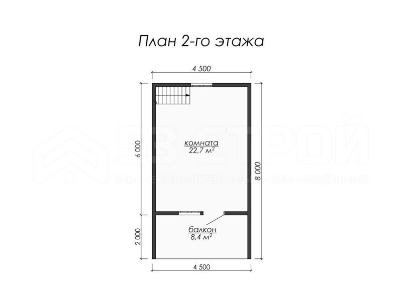План второго этажа дома из бруса 6 на 8 с двумя спальнями