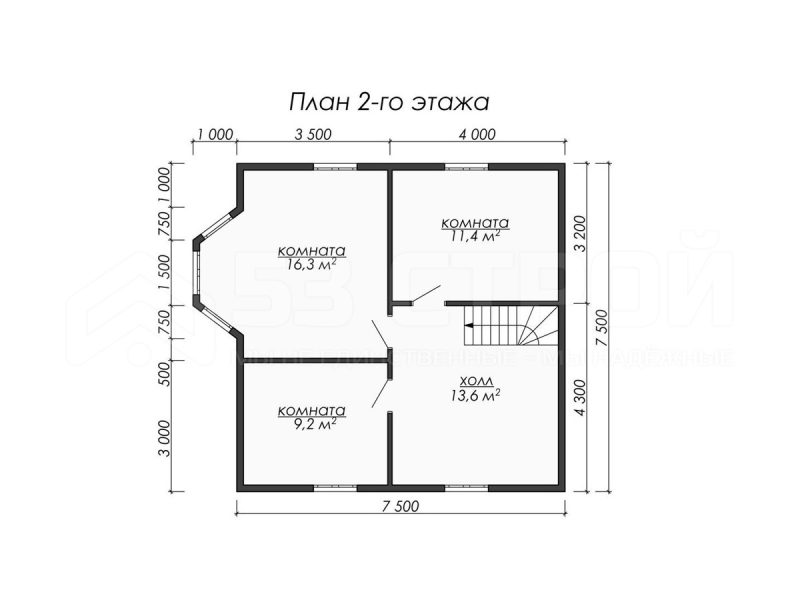 План второго этажа дома из бруса 7.5х7.5 с пятью спальнями
