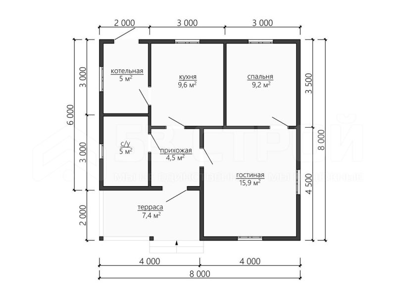 Планировка одноэтажного каркасного дома 8на8