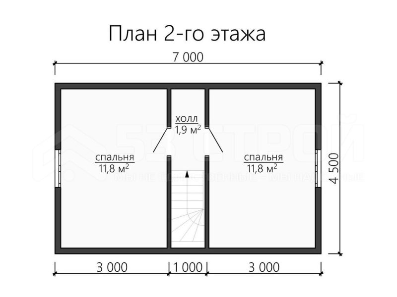 План второго этажа дома из бруса 6х7 с двумя спальнями