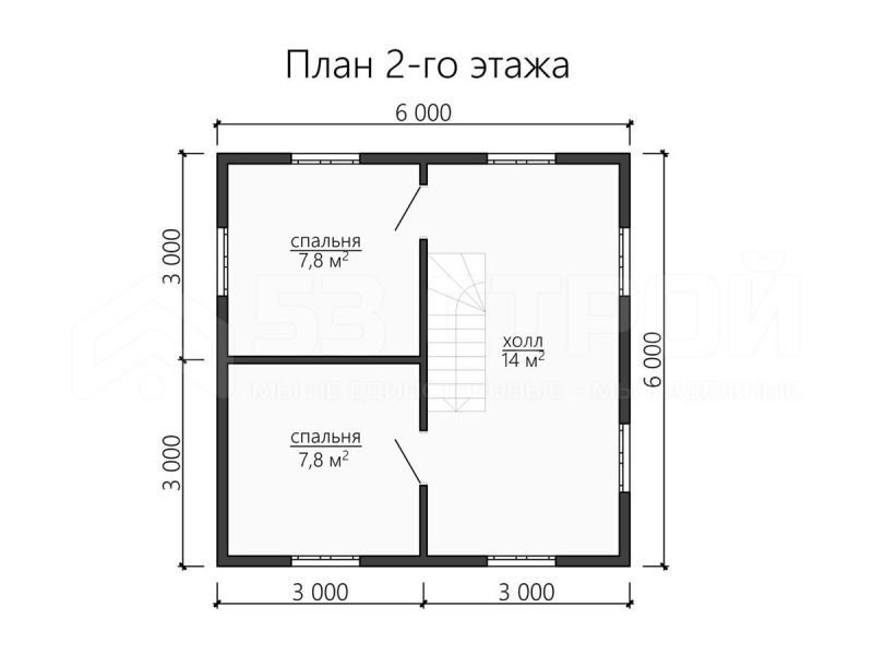 План второго этажа каркасного дома 6на8 с двумя спальнями