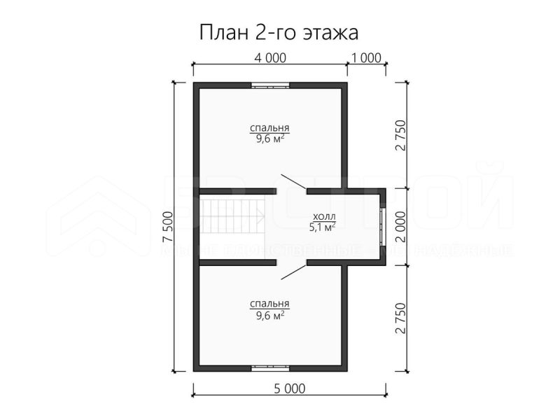 План второго этажа дома из бруса 6х7.5 с двумя спальнями