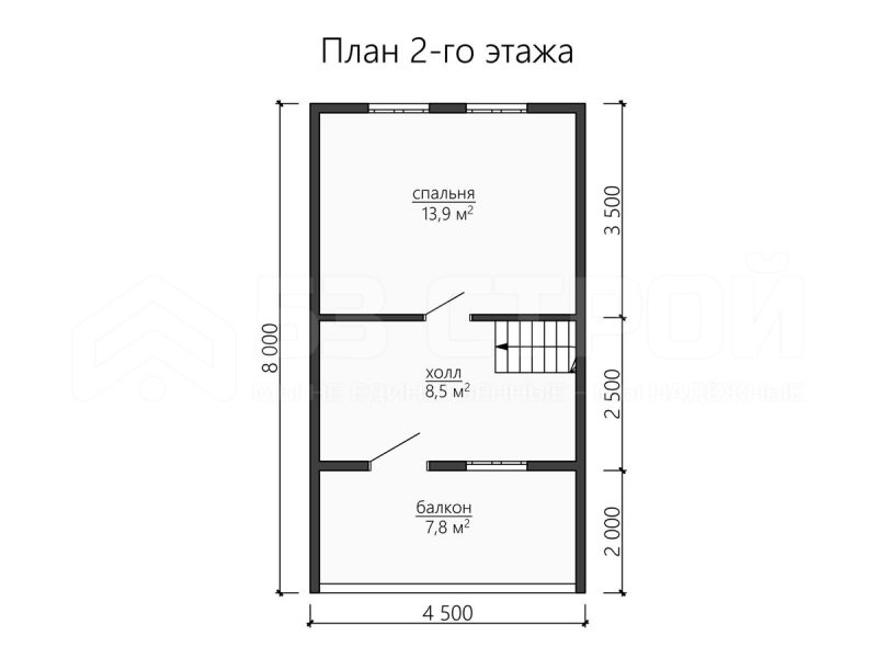 План второго этажа дома из бруса 6х8 с одной спальней