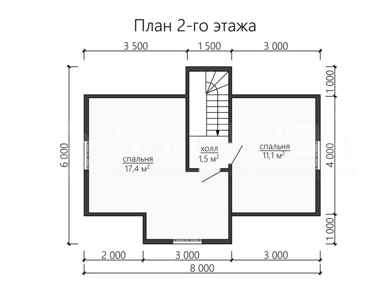 План второго этажа каркасного дома 6 на 8 с двумя спальнями