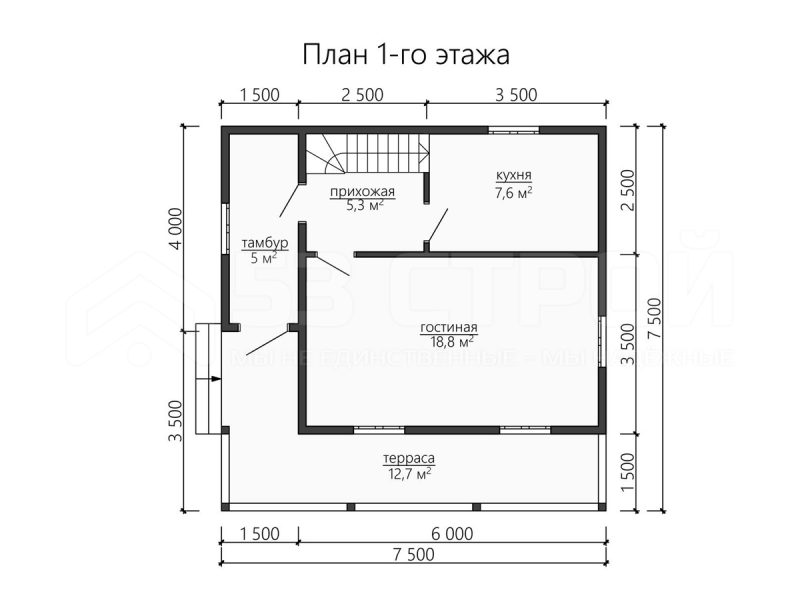 Планировка дома из бруса 7.5х7.5 с мансардой
