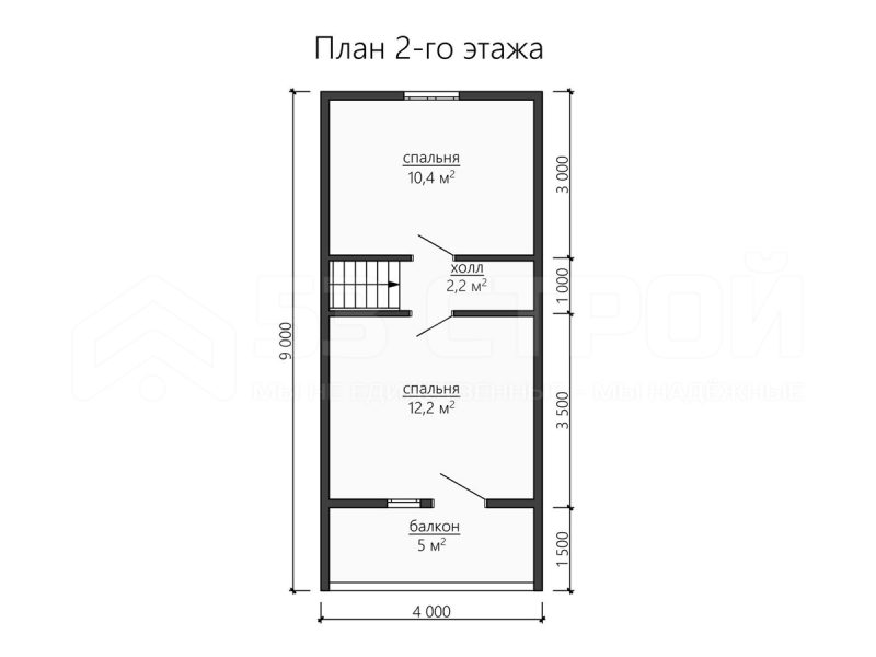 План второго этажа дома из бруса 6х9 с двумя спальнями