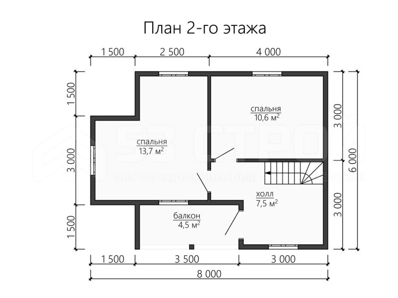 План второго этажа дома из бруса 6 на 8 с двумя спальнями
