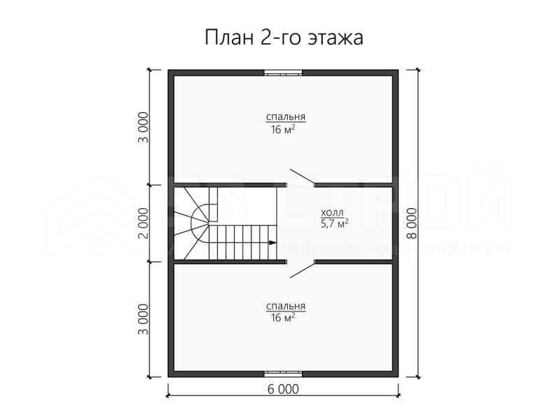 План второго этажа каркасного дома 6на8 с двумя спальнями