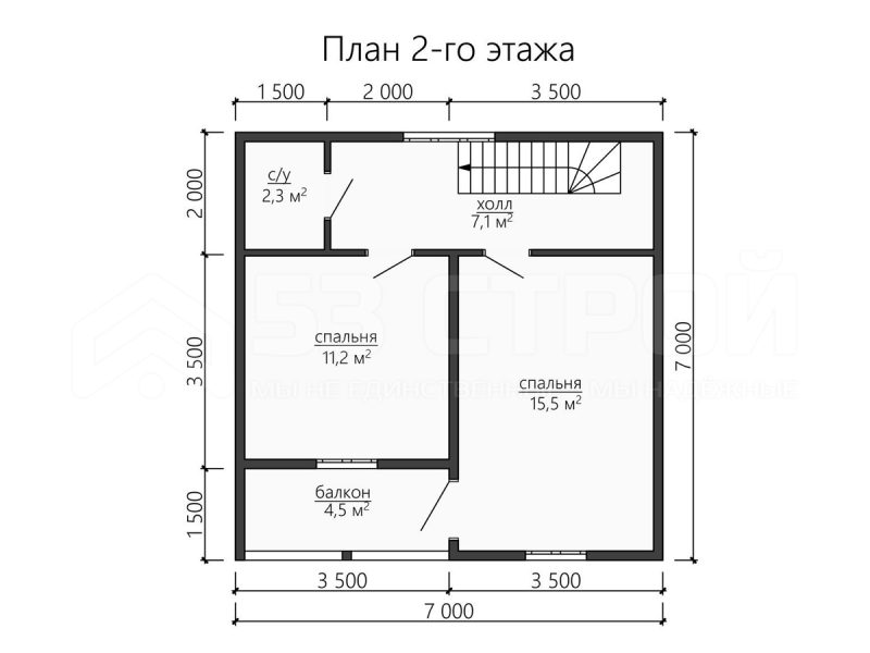 План второго этажа дома из бруса 7х7 с двумя спальнями
