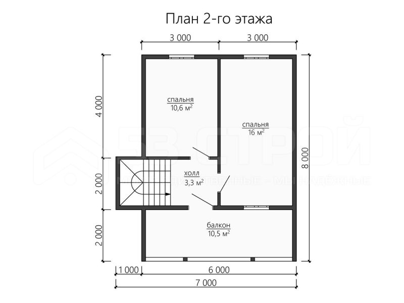 План второго этажа дома из бруса 8х8 с двумя спальнями