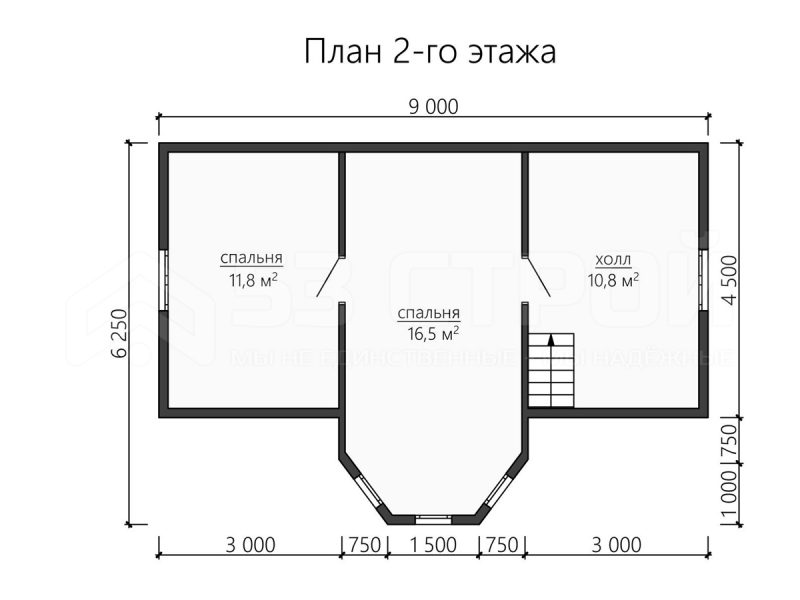 План второго этажа дома из бруса 6х9 с тремя спальнями