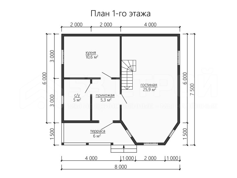 Планировка дома из бруса 8х7.5 с мансардой