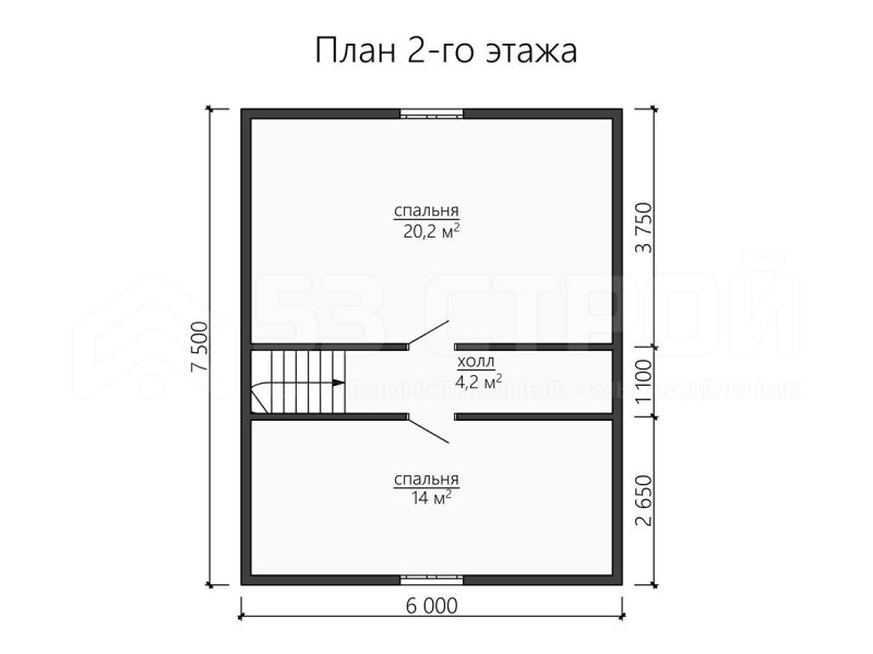 План второго этажа каркасного дома 7.5 на 7.5 с четырьмя спальнями