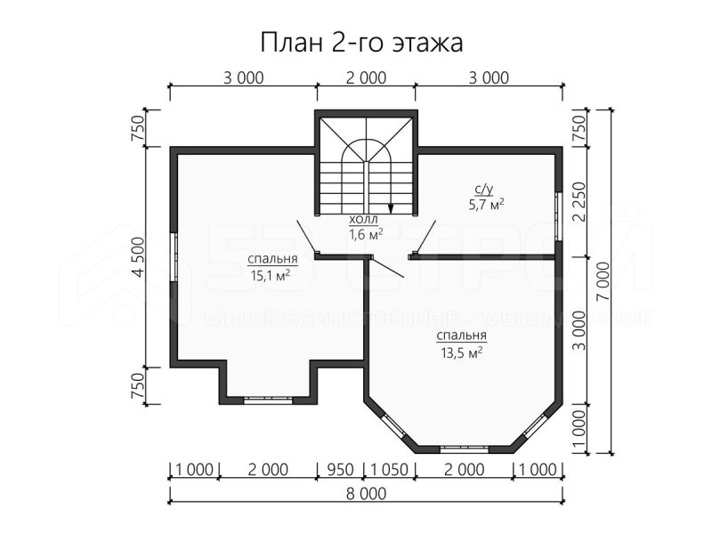 План второго этажа дома из бруса 7х8 с тремя спальнями
