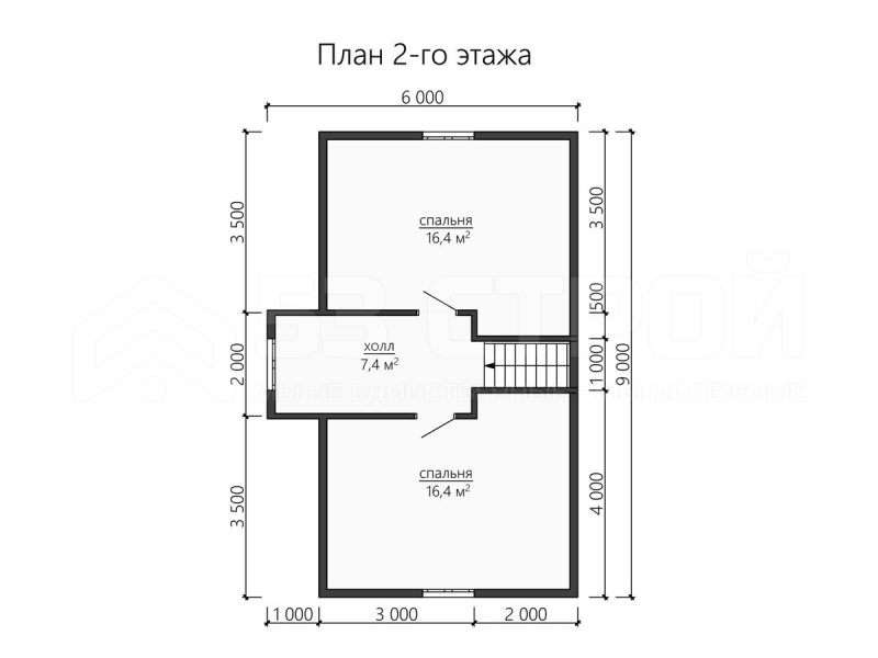 План второго этажа каркасного дома 7 на 9 с двумя спальнями