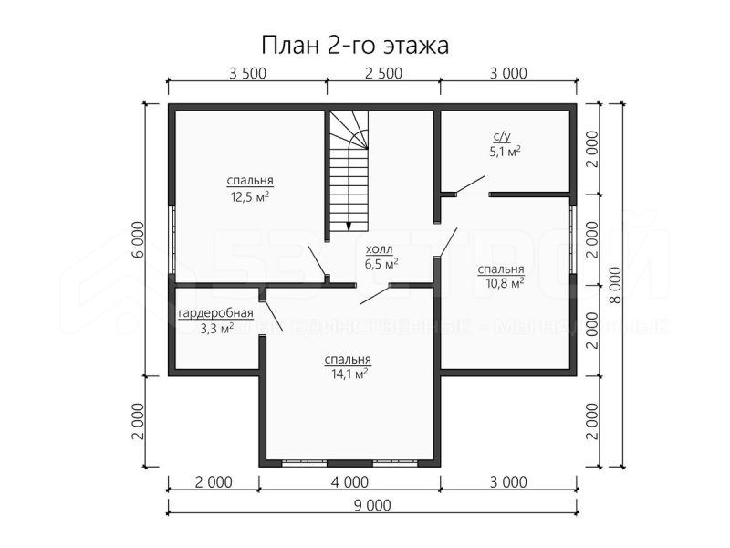 План второго этажа каркасного дома 8 на 9 с четырьмя спальнями