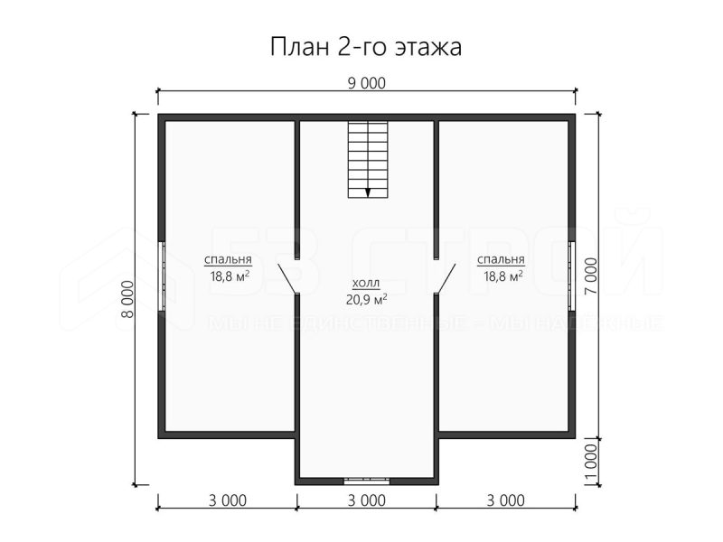 План второго этажа каркасного дома 9 на 9 с тремя спальнями