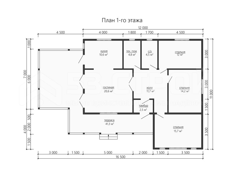 Планировка одноэтажного дома из бруса 16.5х11
