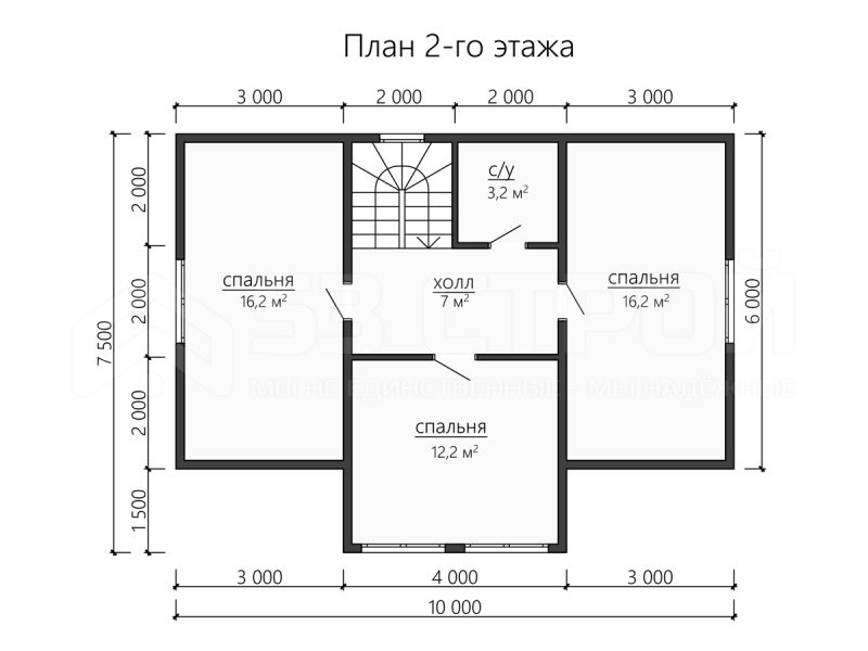 План второго этажа дома из бруса 7.5х12 с четырьмя спальнями