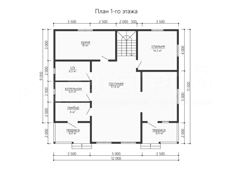Планировка двухэтажного дома из бруса 11х12