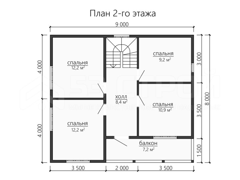 План второго этажа каркасного дома 8 на 9 с пятью спальнями