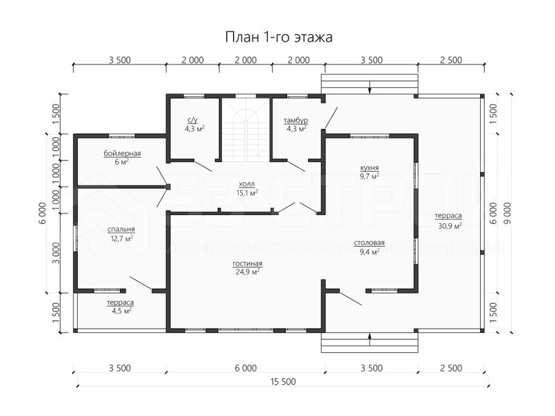 Планировка двухэтажного дома из бруса 9х15.5