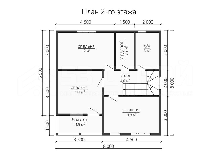 План второго этажа дома из бруса 8х8 с четырьмя спальнями