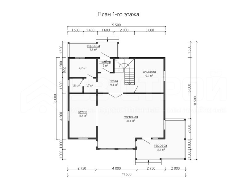 Планировка двухэтажного дома из бруса 11.5х11.5