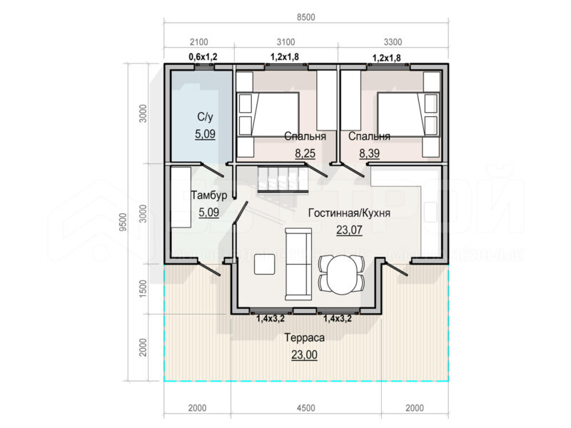 Проект каркасного дома 8.5х9.5 под ключ с двухскатной крышей